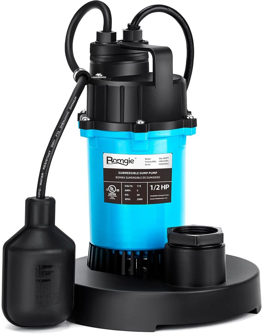 1/2HP Sump Pump 2980GPH Submersible Water Pump with Automatic Float Switch, Clean/Dirty Water Utility Pump for Pool Draining, Basement Flooding, Irrigation with 10ft Power Cord