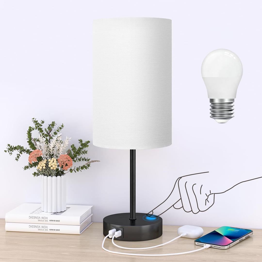 AKASUKI 18Inch Table Lamp with Dual Charging Station, 3 Way Dimmable Touch Lamp for Bedroom, Living Room, Office(LED Bulb Included) (White Shade-Black Base)