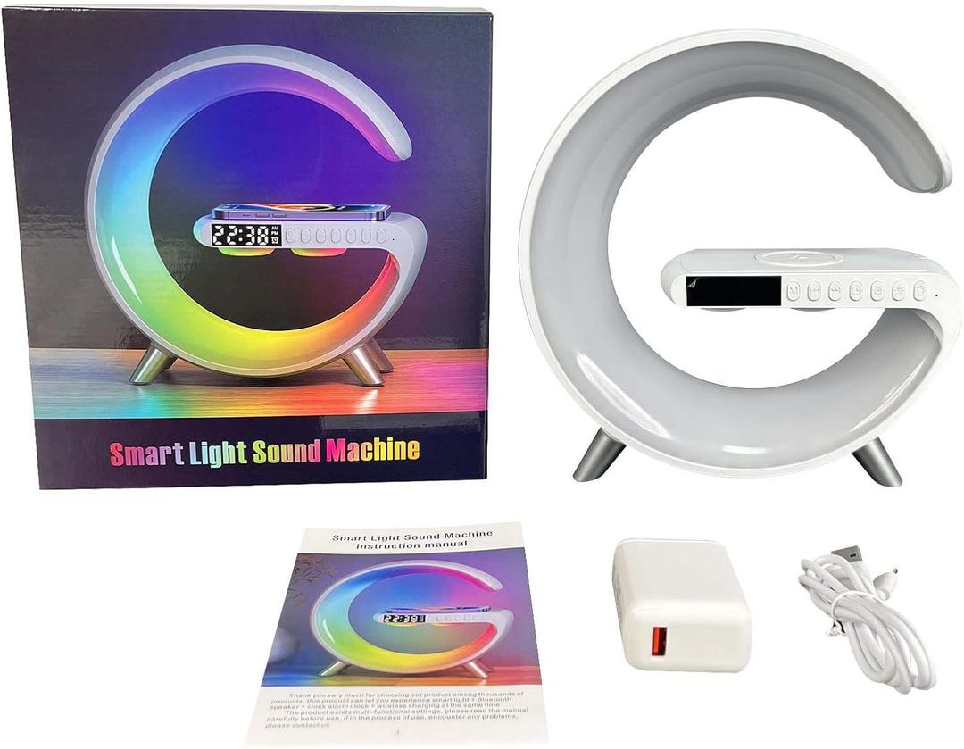Smart Light Sound Machine with Wireless Charger, Music Rhythm Atmosphere Light, Bluetooth Speaker, Clock Alarm, Button and APP Control (White)
