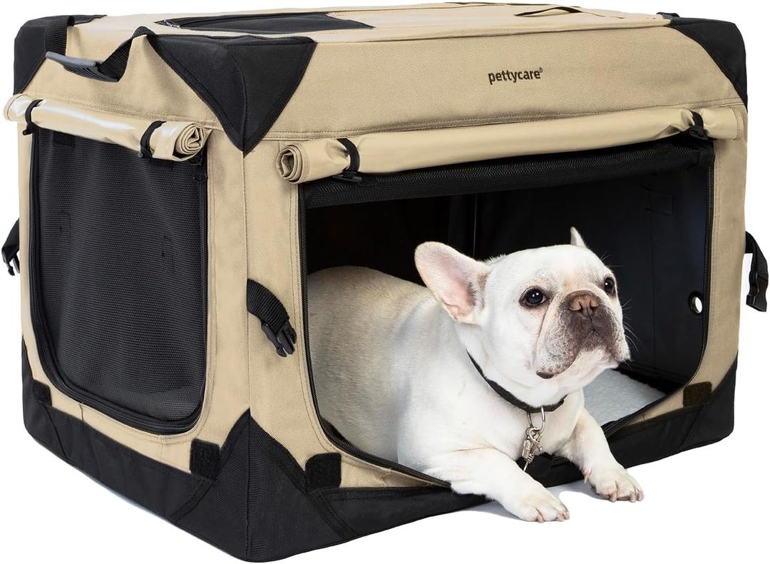 Pettycare 36 Inch Collapsible Dog Crate with Curtains Travel Dog Crate for Airflow and Calm Soft Pet Kennel with Portable Bag and More Chew Proof Mesh Indoor & Outdoor Beige 4 Door Curtains