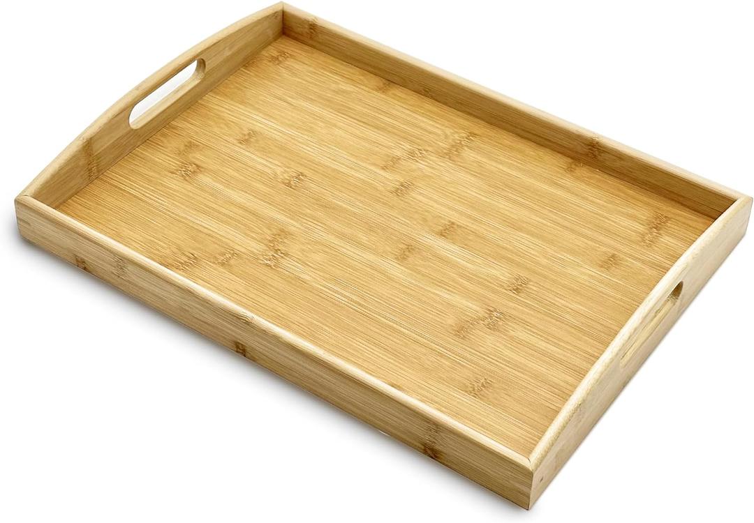 Bam & Boo Natural Bamboo Serving Tray Extra Large Rectangular with Handles for Food, Drinks, Storage, Decor, Vanity, Breakfast, Parties, Weddings, Picnics(17.75 x 13 x 2.35, Natural)