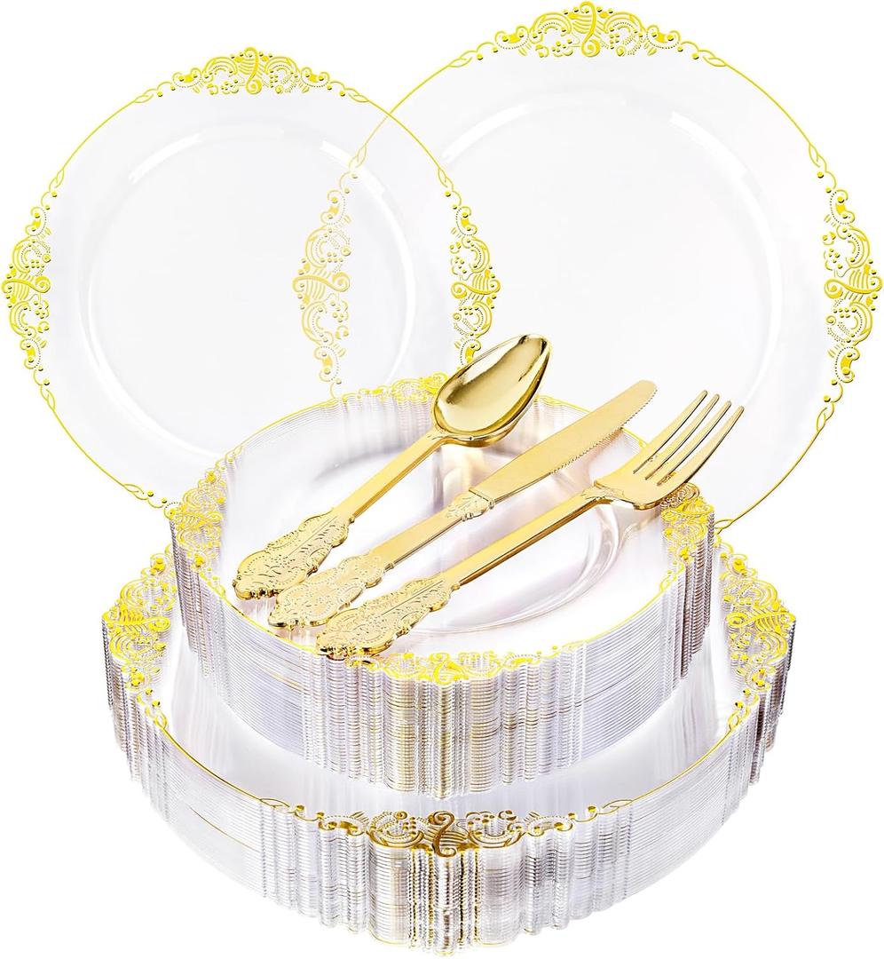 125PCS Clear Plastic Plates - Fancy Clear Gold Disposable Plates Include 25 Dinner Plates, 25 Dessert Plates, 75 Gold Plastic Silverware for 25 Guests for Wedding & Party