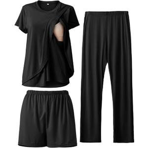 Rnxrbb 3 Piece Postpartum Nursing Pajamas Set Casual Soft Maternity Breastfeeding Pjs Sleepwear Loungewear Clothes Layer (Large, Black)