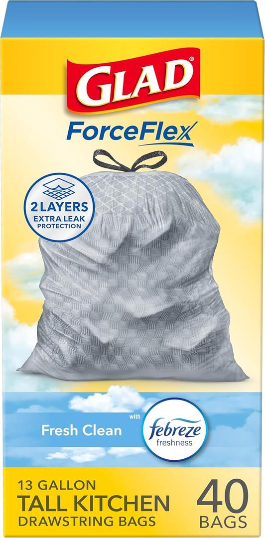 Glad ForceFlex Tall Kitchen Trash Bags, 13 Gallon, Gain Fresh Clean, 40 Count