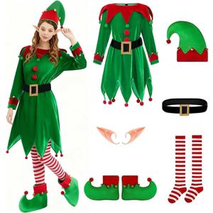 Women Christmas Elf Costume: 6-Pack Set Cute Velvet Dress with Accessories Hat Ears Shoes Belt Socks Xmas Party Outfit (XX-Large)
