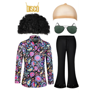 Mepase 6 Pcs Men 70s Disco Costumes Include Retro Shirt Bell Bottom Pants Wig Sunglasses Necklace Wig Cap for Disco Party
 XL