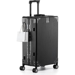 Checked Luggage with Spinner Wheels, Large Zipperless Rolling Suitcase with TSA Locks, Hard Shell Aluminum Frame Luggage for Business Travel（Black，28Inch）