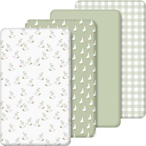 SmoothNovelty 4 Pack Silly Goose Crib Fitted Sheet for Boys Girls - 52" x 28" Fitted Baby Sheet with Goose and Gingham Style for Standard Mattress Gift Set, Microfiber & Soft Breathable(Green)