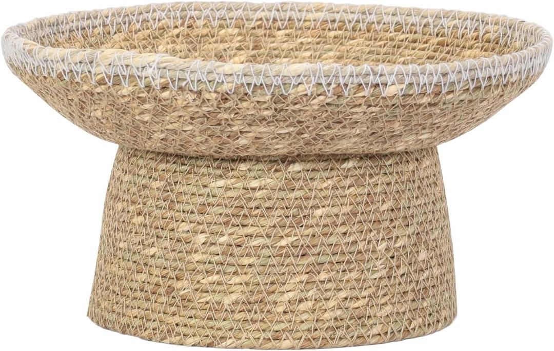 PEARL + CREEK Lagena Decorative pedestal bowl - Handmade moonj grass decorative bowl  natural fiber key bowl, fruit basket, storage for entryway, kitchen & boho home decor - White Trim 7"