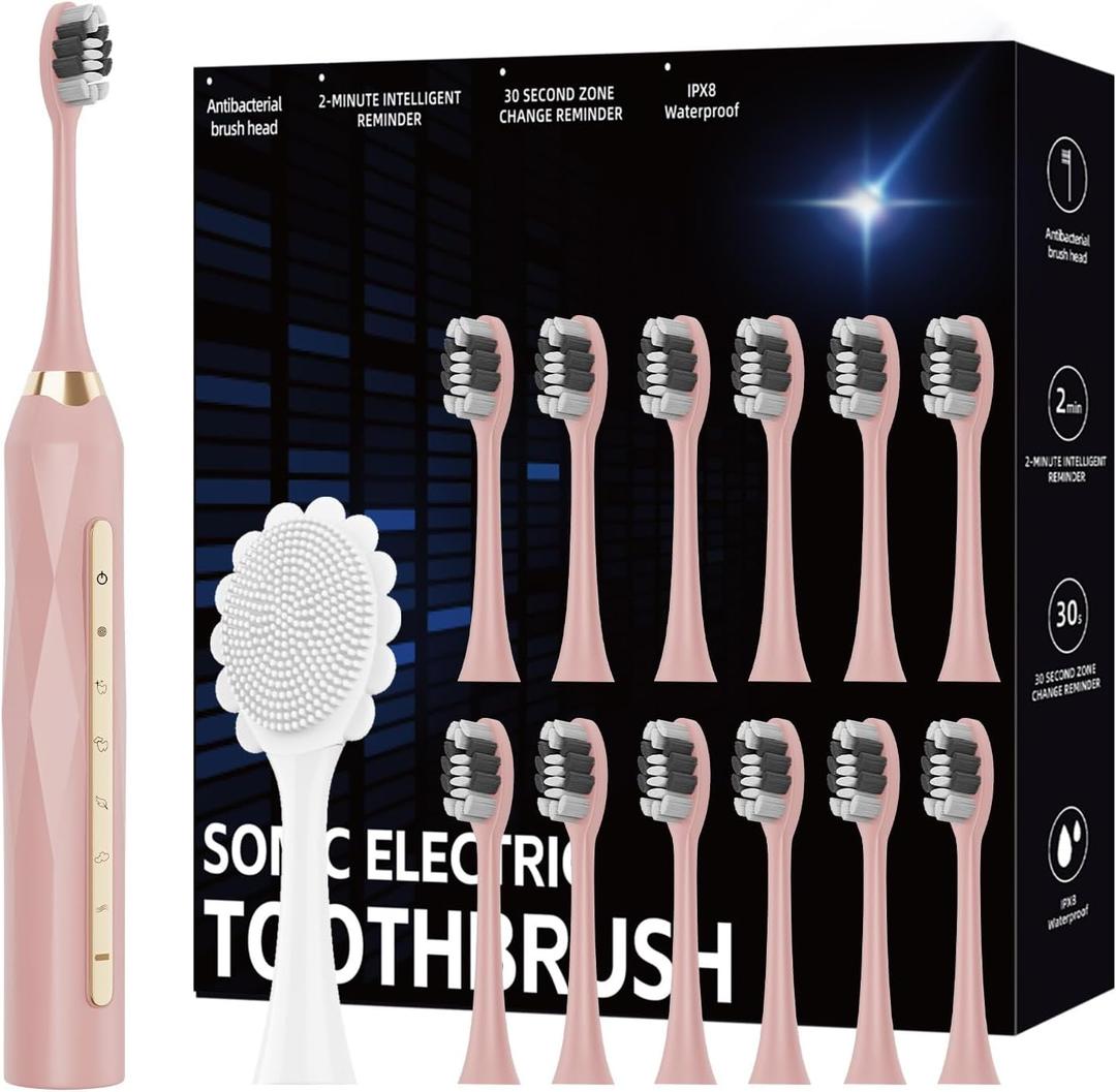 Sonic Electric Toothbrush Set, 12 Brush Heads (4 Years Use) and 1 Face Massage Brush Head, 42000 VPM Motor, 5 Modes and 2 mins Timer, One Charge for 90 Days Whitening Toothbrush for Adults and Kids (Pink)
