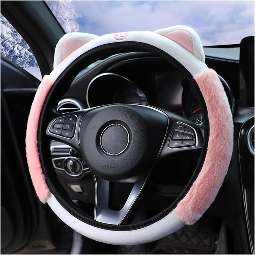 Car Steering Wheel Cover, Fluffy Soft Plush for Winter Warm, Cute Steering Wheel Protector with Kitty Cat Ears, Universal 15 Inch, Elastic & Anti-Slip, Lovely Decor Car Accessories (Pink)