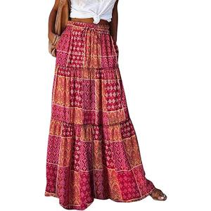 Happy Sailed Womens Floral Print Boho Maxi Skirt Elastic High Waist Pleated Ruffle Flowy Long Skirts M-L Print Red