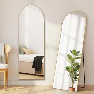 Arched Mirror Full Length, Upgraded 16"x59" Body Wall Mirrors with Shatter-Proof Glass, Floor Standing, Hanging or Leaning, Tall Arch Mirror with Stand Aluminum Alloy Frame for Bedroom, Gold