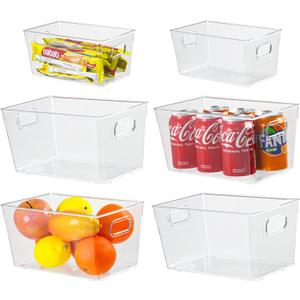 6pcs Plastic Storage Bin 2-Size Clear Storage Containers for Kitchen Pantry Organization and Storage Bins, Organizing Bins with Built in Handles, Cabinet Organizers, Clear (4 Medium+2 Small)