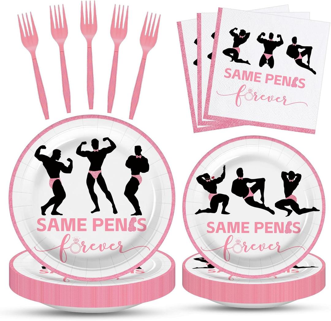 100 Pcs Bachelorette Tableware Party Supplies Set, Serves 25  Disposable Pink Paper Plates, Napkins, and Forks for Bridal Shower, Hen Party, Engagement, Girls Night, Valentines Day Decorations
