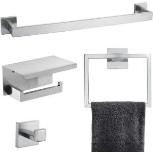 Brushed 4-Piece Bathroom Hardware Set Premium Stainless Steel Bath Towel Bar Sets Wall Mounted Bathroom Toilet Paper Holder with Shelf Set, 23.6 Inch