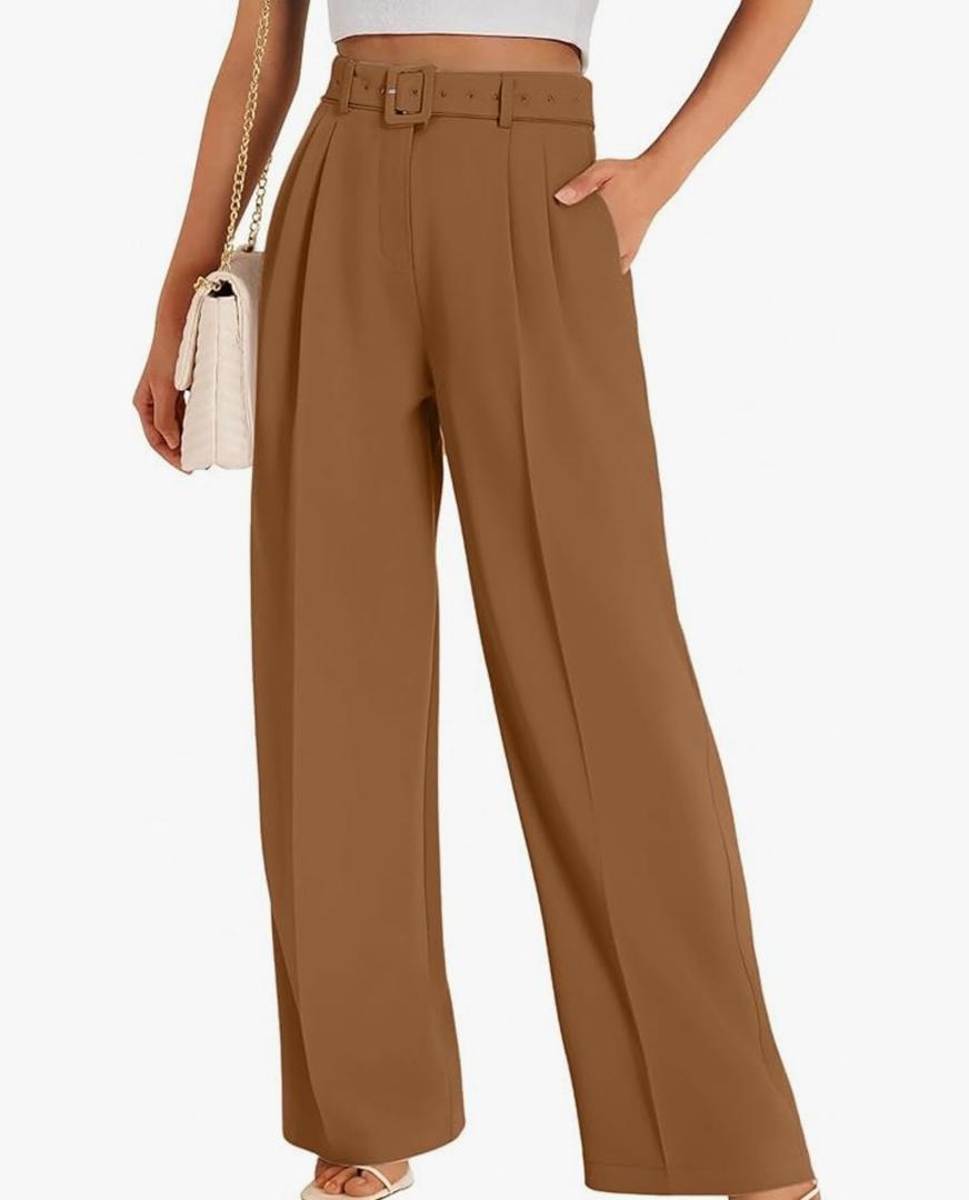 FUNYYZO Women's High Waist Wide Leg Pants Business Work Office Casual Long Pants Belted Trousers Size S
