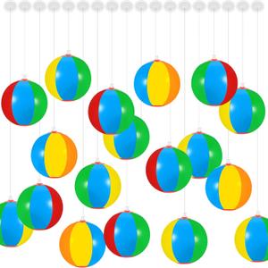 Hungdao Summer Beach Ball Hanging Decoration, Small Beach Ball with Hanging Rope and Hooks Mini Inflatable Pool Blow up Sport Toy for Water Game Hawaiian Party Office Indoor Ornament
