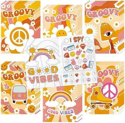 BWkoss 24Pcs Groovy Activity Books for Kids Boho Rainbow Bulk Mini Games Coloring Book Hippie Retro Theme Mazes Word Search Word Scramble Games for Birthday Party Goodie Bags Stuffers Classroom Favors