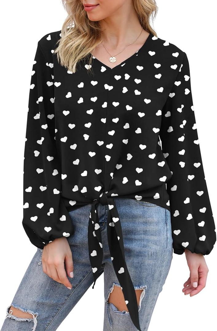 VIISHOW Womens Tie Front Knot Lartern Sleeve Loose Fit V Neck Floral Blouses Chiffon Tops Shirts (XX-Large)