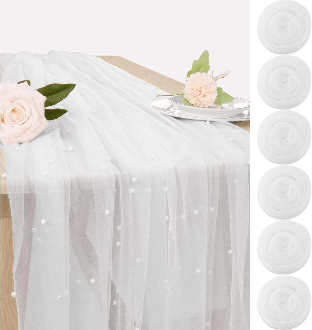 Set of 6 Pearl Table Runner 29 x 120 Inch White Tulle Fabric Lace Table Runners Boho Rustic Table Runners for Bridal Shower Birthday Party Wedding Arch Veil Dessert Table Decor(White)