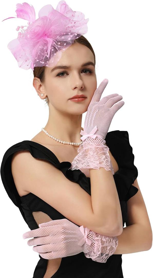 Zando 2026 Vintage Fascinators Hats Set for Women 1920s Tea Party Accessories Mesh Headband Feather Kentucky Hat Derby Lace Gloves Church Pillbox Hats Pink Headwear for Wedding Cocktail One Size (Pink)