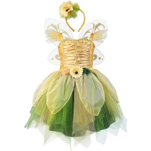 Fairy Costume Dress for Girls, Green Princess Flower Girl Dress, Tutu Dress with Headband and Wings (4T, Gold)