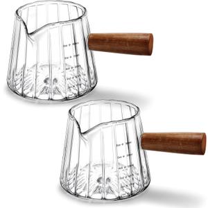 2 PCS Espresso Measuring Cup 6 Oz, Espresso Glass Cups with Wood Handle, Milk Frothing Cup, Espresso Cup for Coffee, Milk, Tea or Maple Syrup Serving (Clear)