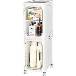 JOYZAN Narrow Bathroom Storage Cabinet with Movable Wheels, Slim Storage Cabinet with 2 Doors & Removable Panel, Skinny Bathroom Organizers and Storage for Small Space, Corner, Kitchen, Laundry, White
