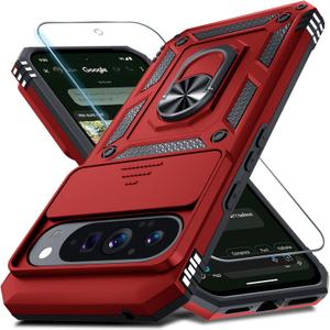 Janmitta Case Compatible with Google Pixel 10 Pro XL Built in Slide Camera Lens Cover+Screen Protector+Finger Ring Holder Kickstand,Heavy Duty Shockproof Full Body Protective Phone Cover,Red
