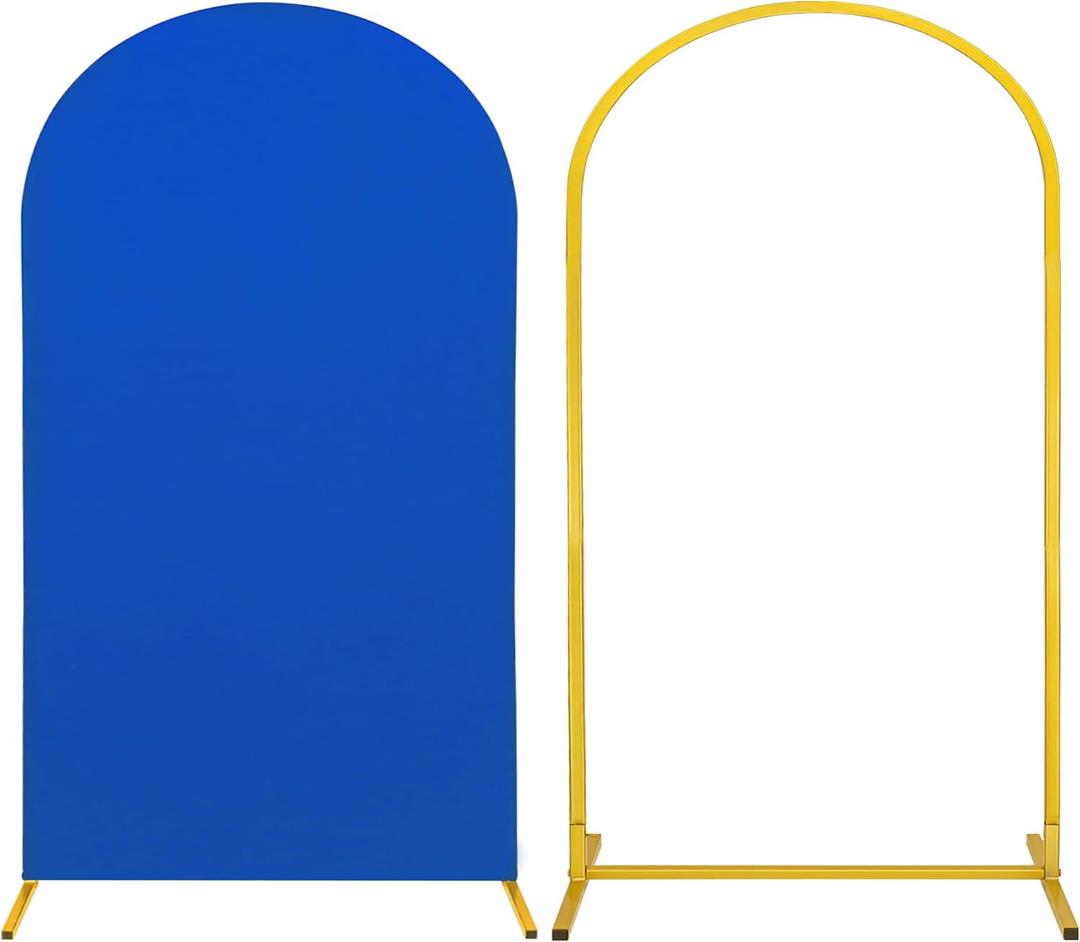Metal Arch Stand and Cover Set,1 Royal Blue Spandex Fitted Backdrop with 1 Gold Wedding Arched Stand Frame for Parties Birthday Baby Shower Bridal Banquet Decoration (7.2FT) (7.2FTx4FT)