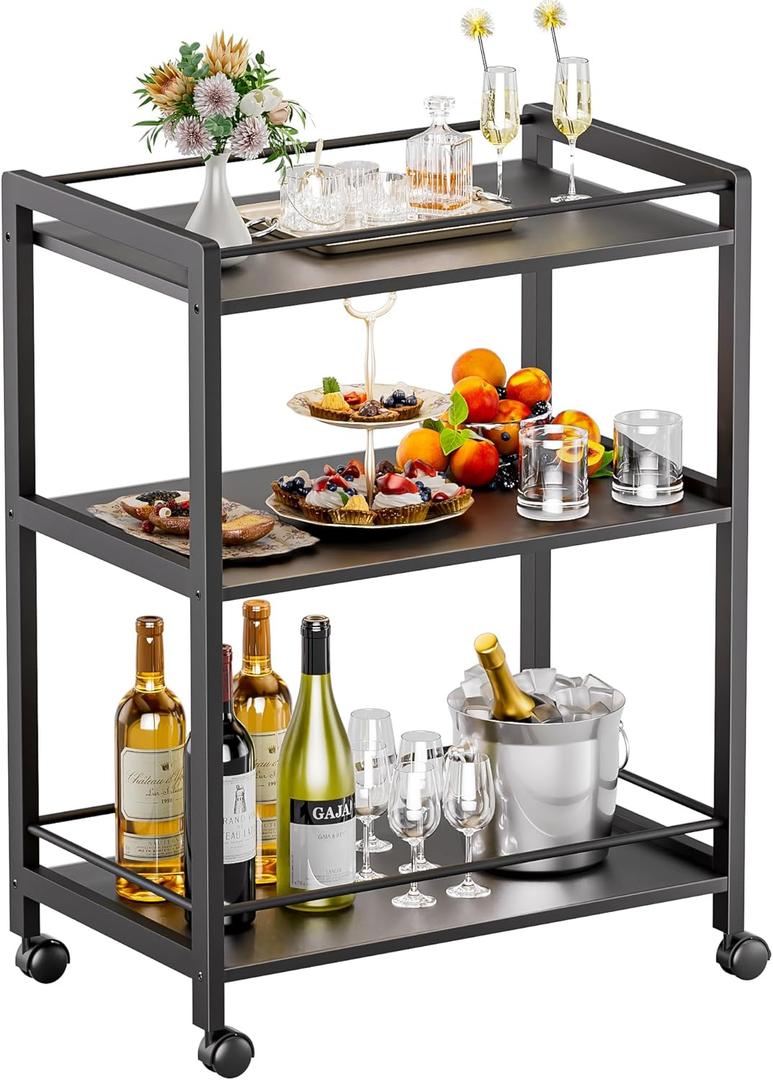Bar Cart Black, Serving Cart for Home, 3 Tier Drinks Cart with Wheels, Rolling Beverage Cart for Kitchen Dining Living Room, 64 cm x 40 cm x 85 cm