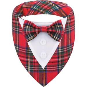 ADOGGYGO Christmas Dog Tuxedo Bandana, Red Plaid Pet Chritstmas Collar with Bowtie, Adjustable Christmas Costume for Medium Dogs Pets (M)