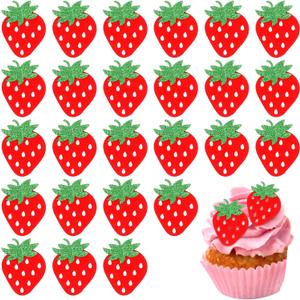 Strawberry Cake Toppers, 25 Pack Strawberry Cake Decorations Red Strawberry Theme Party Cupcake Picks Strawberry Birthday Decorations Fruit Theme Summer Berry Strawberry Party Decorations