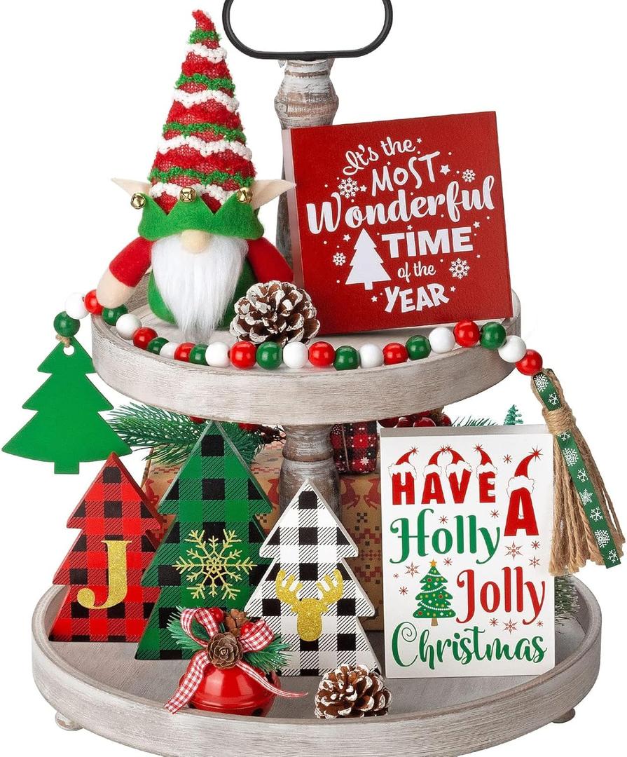 Christmas Tiered Tray Decor 10 PCS Christmas Decorations for Home - Christmas Table Decor Wooden Signs & Christmas Gnome Plush Set - Farmhouse Christmas Tray Decor Kitchen Table Mantel Christmas Party (A1.red & Green)