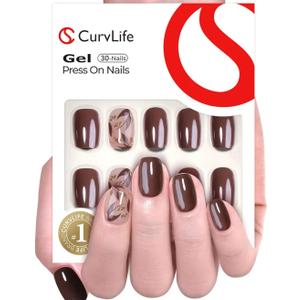 Curvlife 30pcs Press on Nails, Soft Gel Fake Nail with Botanical Brown Short Square Apricot Design, Full Cover False Nails Tips Glossy Nude Glue on Nails Artificial Stick on Nails for Women