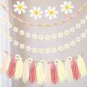 Rtteri 4 Pack Daisy Boho Party Decorations Daisy Classroom Garland Groovy Hippie Flower Tassel Colorful Pom Pom Banner for School Birthday Baby Shower Wedding Retro Party Supplies(Pink Series Color)