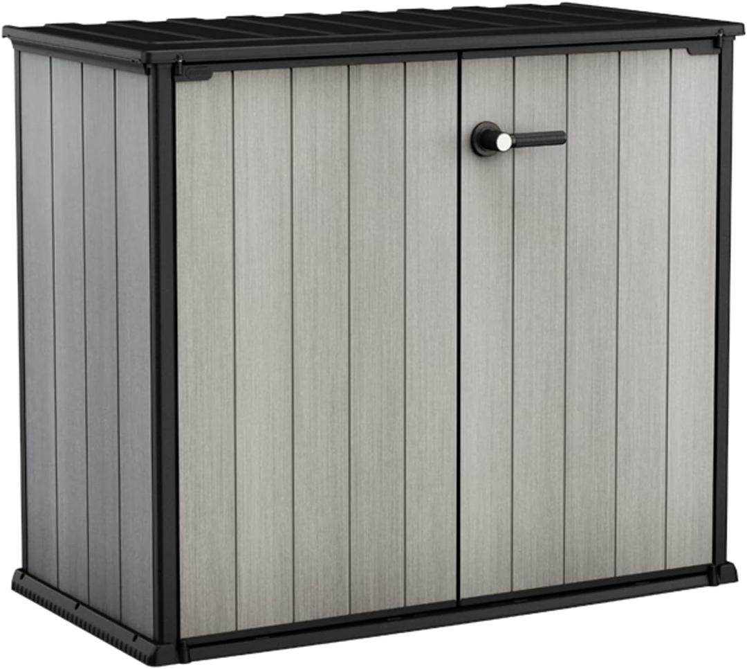 Keter Patio Store 4.6 x 4.0 ft. Resin Outdoor Storage Shed with Paintable and Drillable Walls for Customization-Perfect for Yard Tools and Pool Toys, Grey