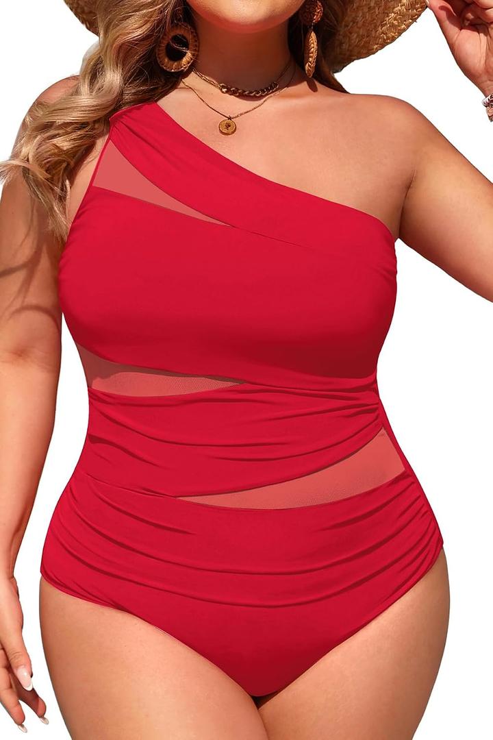 Aqua Eve Plus Size One Piece Swimsuit for Women Tummy Control Bathing Suits One Shoulder Swimwear (Red), 22W