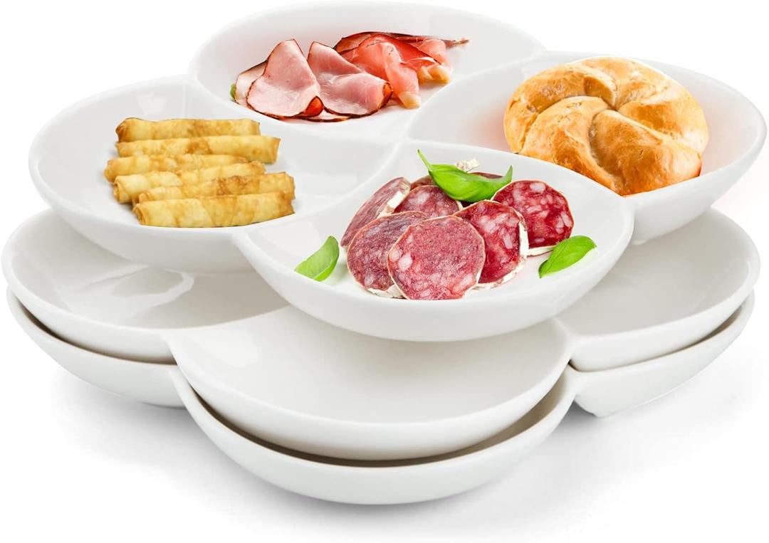 ZENFUN Set of 3 Porcelain Appetizer Platter with 4 Compartment, Flowershaped Candy and Nut Serving Tray Snack Serving Plate Dishes for Vegetables, Fruit, Dessert, 8.5'' x 8.5'', White