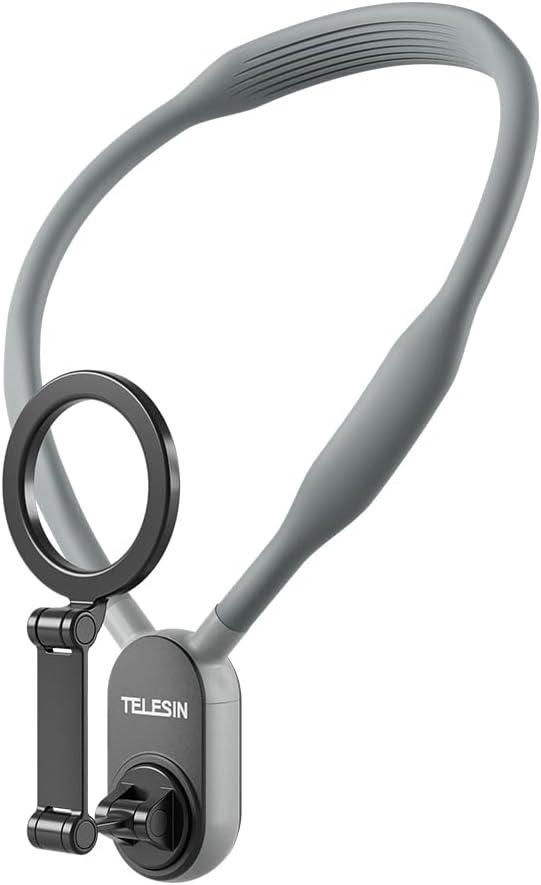TELESIN Magnetic Neck Mount for Phones, Neck Cell Phone Holder POV/Vlog Selfie Mount Hand Free Phone Neck Holder Chest Stand Strap Video Recording for iPhone 17 16 15 14 13 12 Seires Android Phones (Premium Gray)