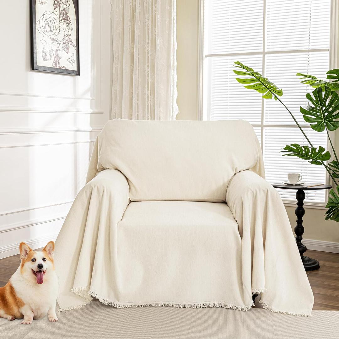 MYSKY HOME Oversized Chair Cover, Armchair Couch Cover for 1 Cushion Couch, Washable Sofa Protector with Tassel Sofa Covers Sofa Throws Sofa Slipcovers Futon Cover for Pet, Kid, 71"X91", Beige
