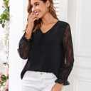 Altelime Women's Long Sleeve Drawstring Tops V Neck Dressy Casual Chiffon Blouses Elegant Double Layers Shirts (Black, XL)