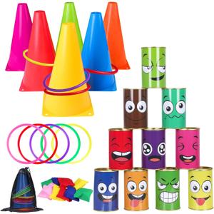 36PCS Carnival Games Combo Set 4 in 1 Bean Bag Toss Can Games Plastic Cone Ring Toss Game for Indoor Outdoor School Field Day Birthday Party Yard Game for Kids Adults