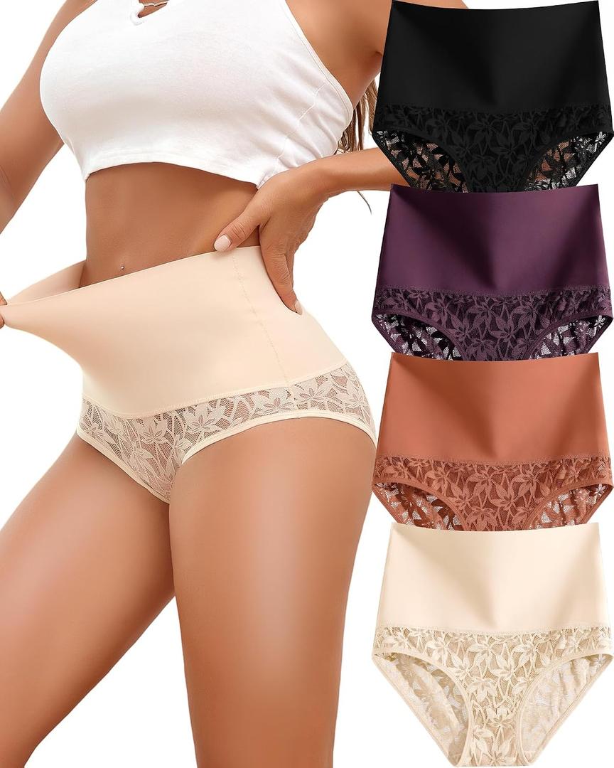 Shapewear for Women Tummy Control High Waisted Seamless Womens Underwear 4-Pack Sexy Lace Plus Size Panties, XL