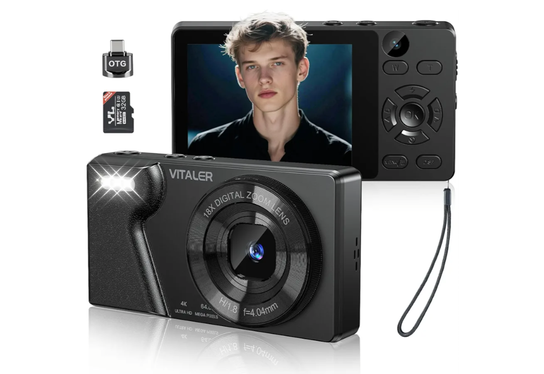 Digital Camera with Front Rear Lens, Autofocus 64MP 4K Camera for Photography with 32GB Card, Portable Compact Point and Shoot Camera for Teens Adult Beginner with Metal Shell, 2000mAh Battery