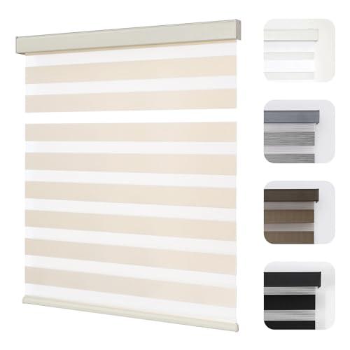 Joydeco Cordless Zebra Blinds for Windows, Dual Layer Light Control Window Blinds with Light-Proof Aluminum Cover, Free-Stop Roller Shades for Home & Office (Beige,33" W x 75" H)
