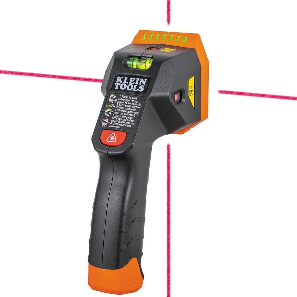 Klein Tools ESF150LL Electronic Stud Finder with Cross-Line Lasers, Bubble Level, Laser Class 3R; 5mW; 15' in All Directions, for Wood and Metal Studs, Bright Green LEDs, Batteries Included