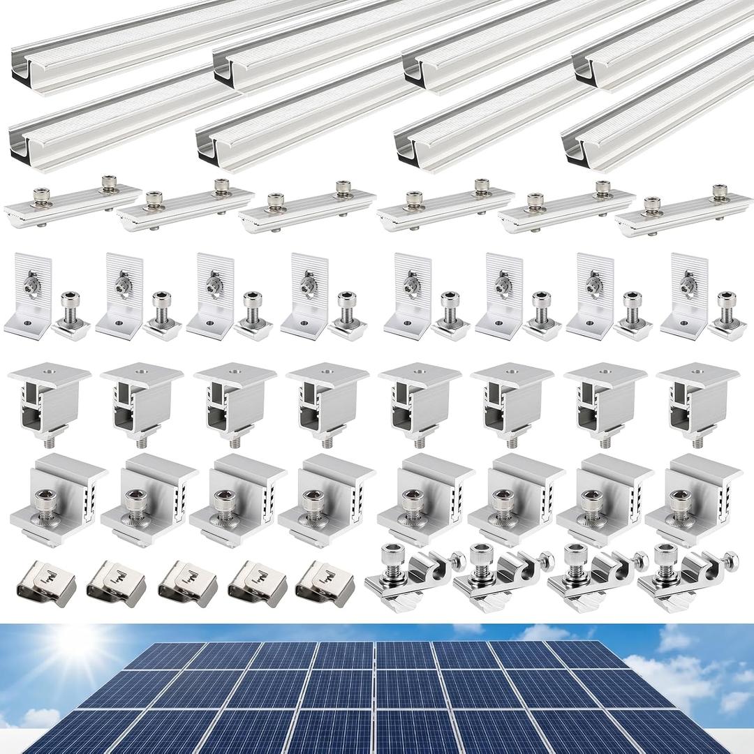 Mindoub Solar Panel Mounting Rail Kit for 5 x 320W Panels, Includes 8 x 47.2 Aluminum Rails, Adjustable Clamps, L-Brackets & Grounding Lugs, Universal Racking for Metal, Tile, Shingle Roof