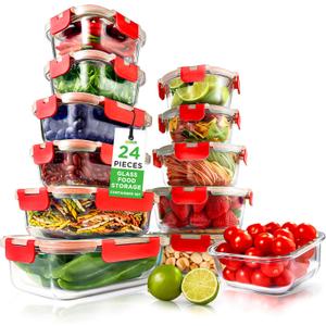 NutriChef 24 Piece Glass Food Storage Containers with Lids - Airtight Glass Meal Prep Containers, Bento Lunch Boxes, Hinged Lock Lid, For Meal Prep, Kitchen Storage, Freezer (12 Containers & 12 lids) (Red)